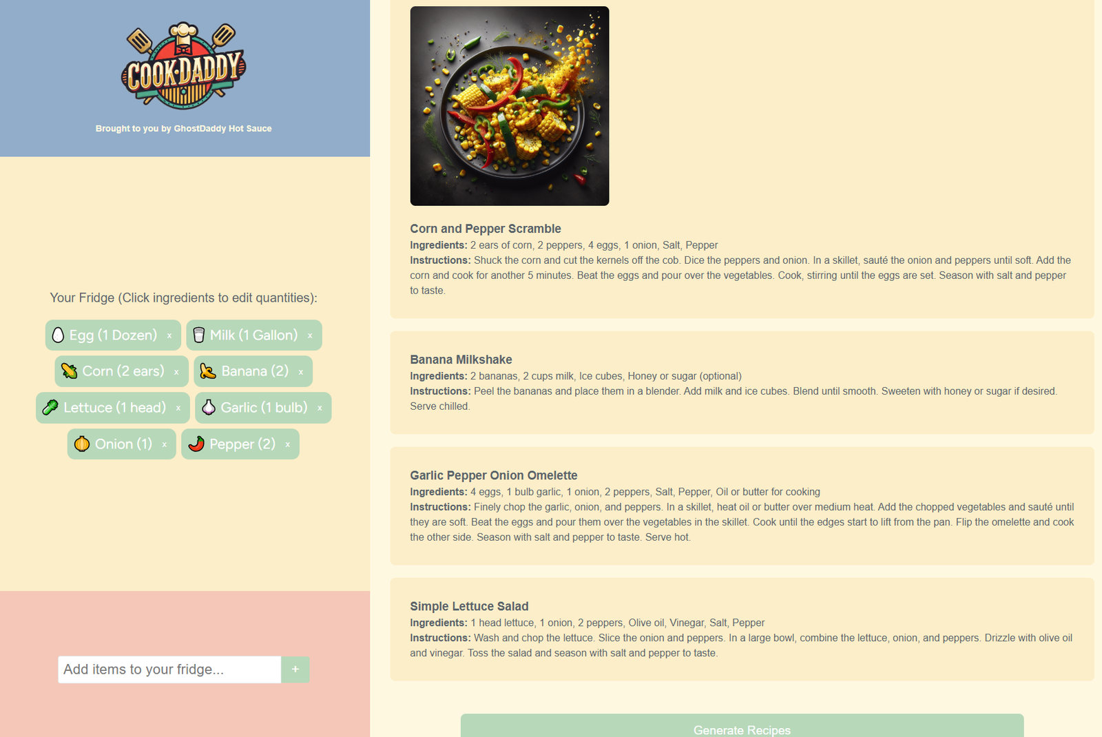 Screenshot of the CookDaddy recipe finder application