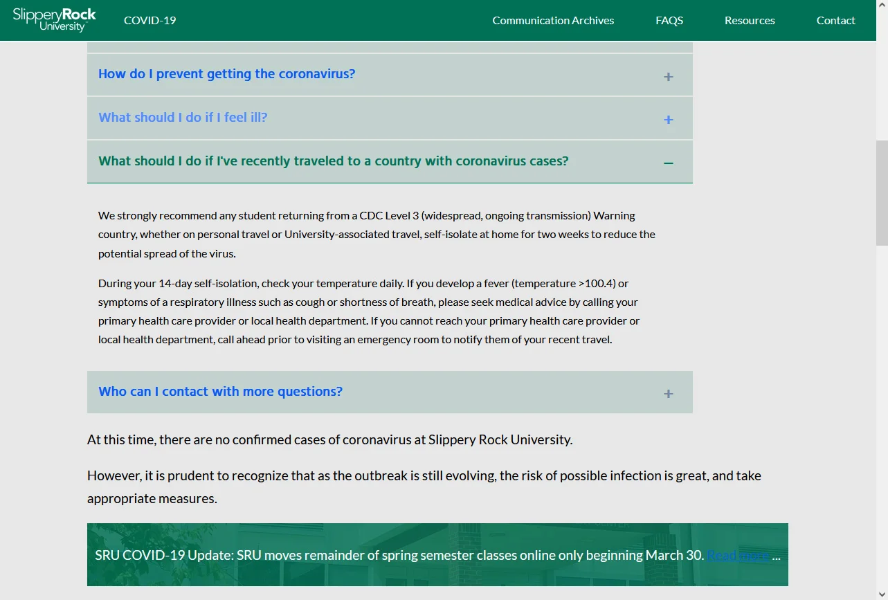 Screenshot of the SRU COVID-19 information website