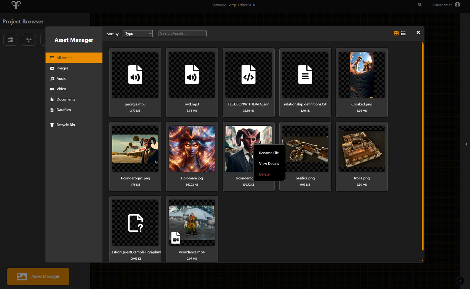 Screenshot of the Faewood Forge application