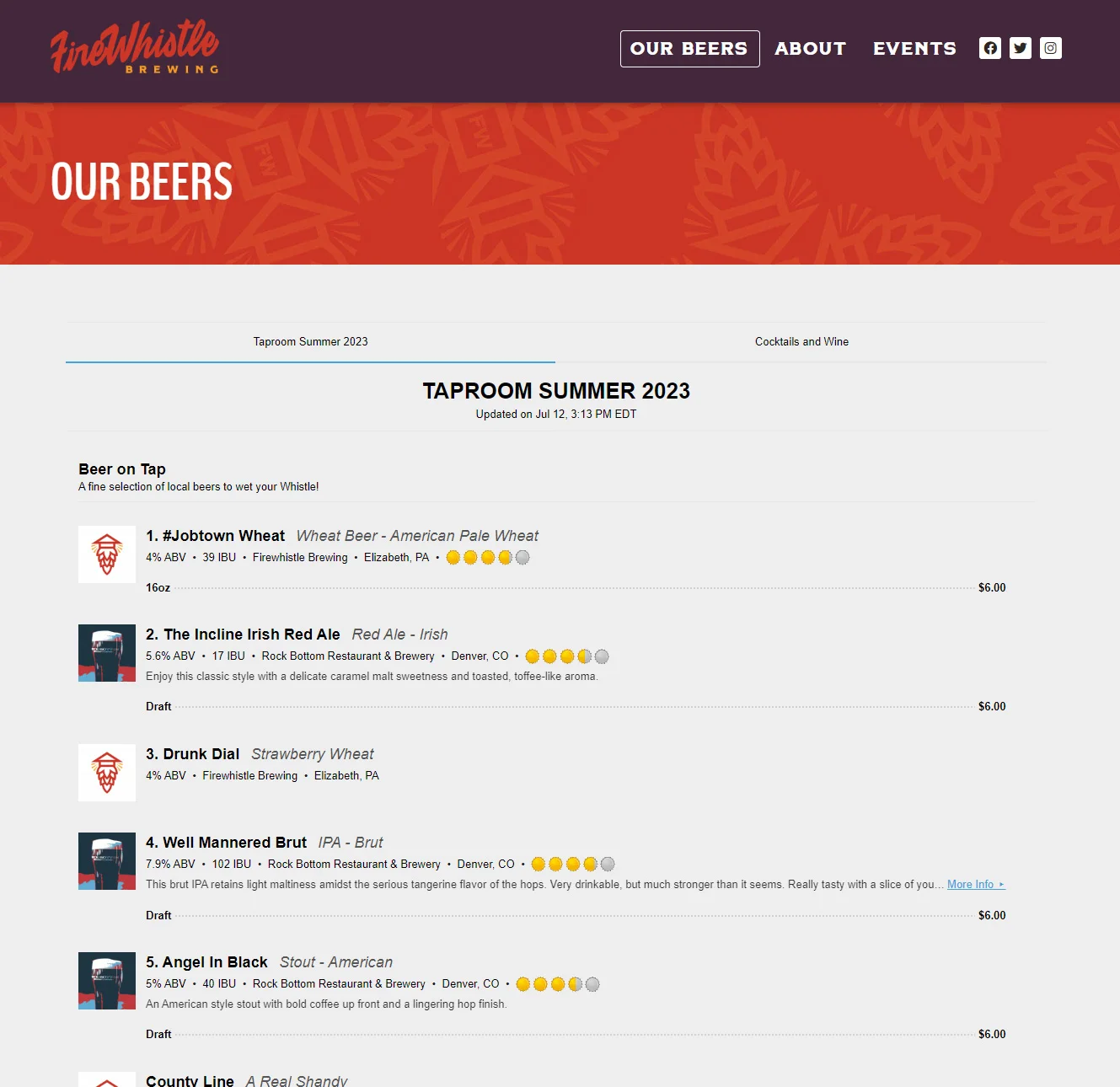 Screenshot of the Firewhistle Brewing website