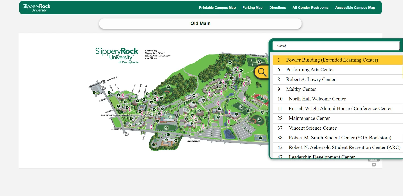 Screenshot of the SRU interactive campus map