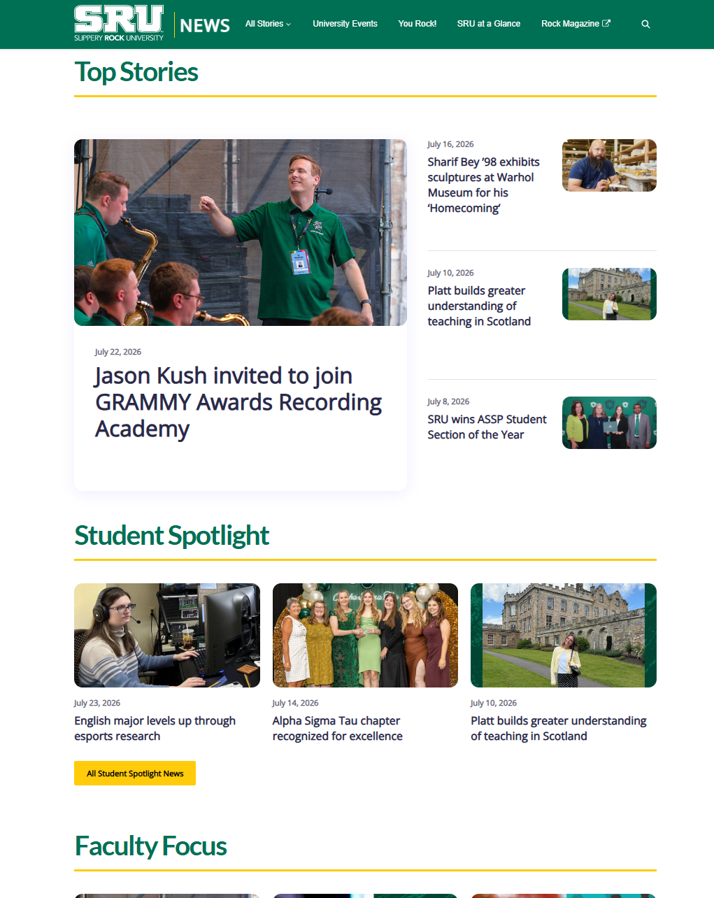 Screenshot of the SRU News site