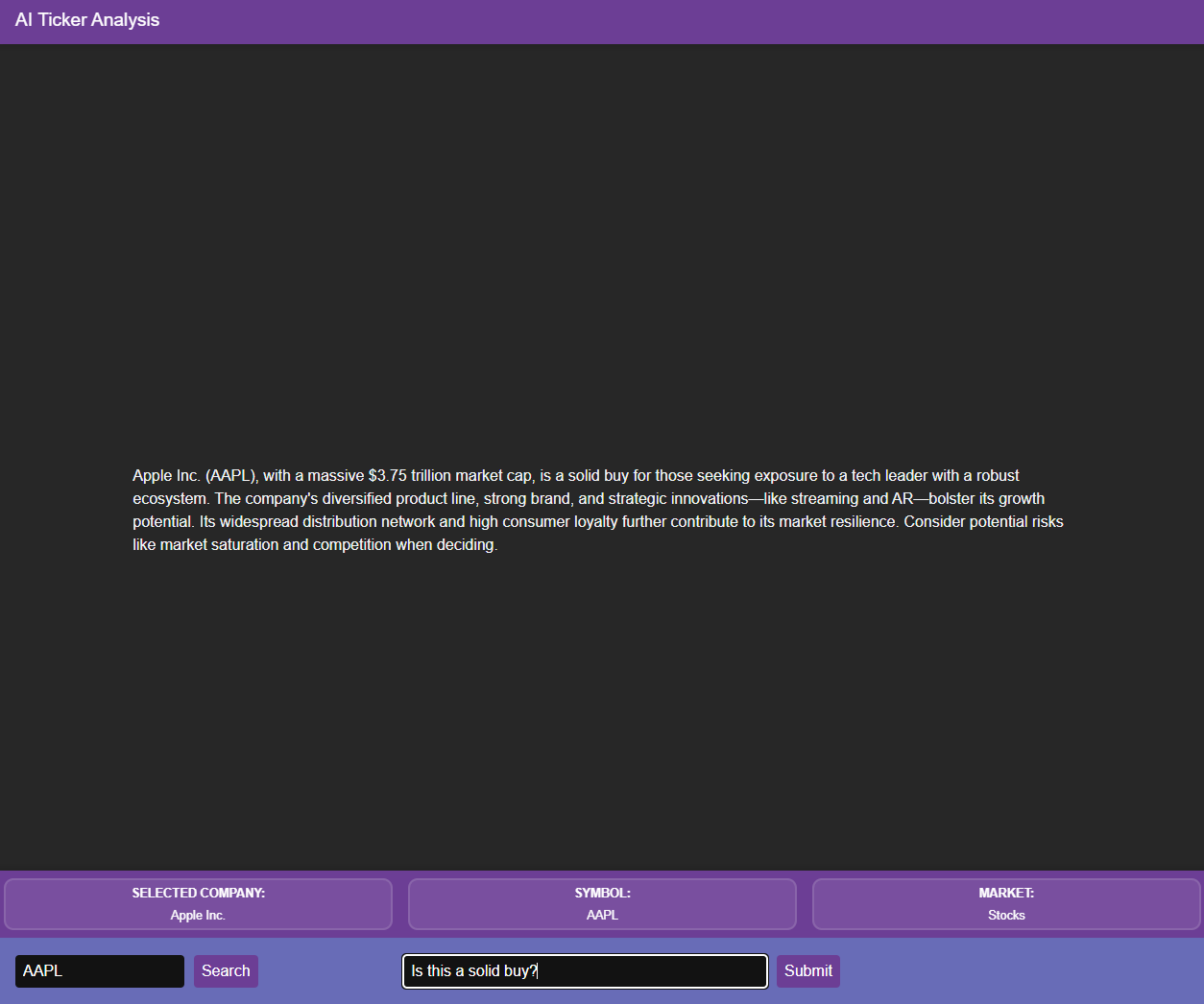 Screenshot of the Stock Ticker AI Analyzer application